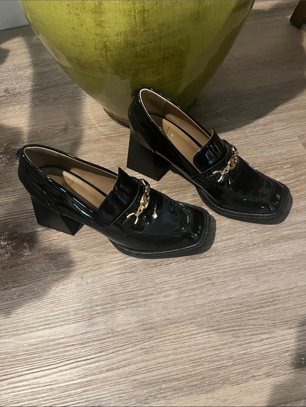 Sam Edelman Black Patent Block Heel Loafers with Gold Chain